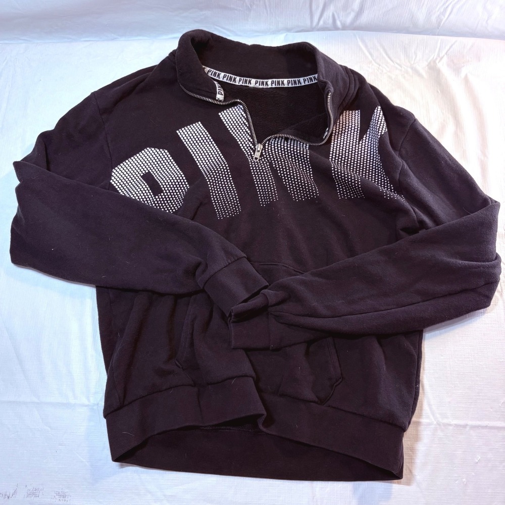 Victoria's Secret PINK Black Quarter Zip Pullover Logo Fleece Sweatshirt Womens